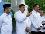 Menteri PKP,Maruarar Sirait bersama Menko Infrastruktur,AHY, menteri PU, saat memberikan keterangan pada media fi Istana Negara (pkp/ Ristyan)