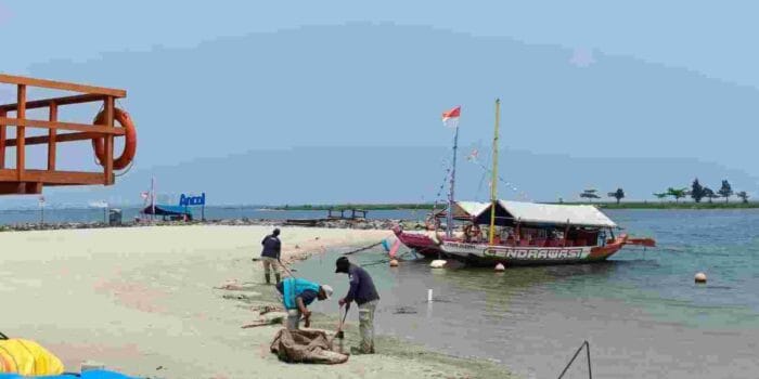 Petugas Taman Impian Ancol membersihkan sampah di Pantai. dok. Ancol
