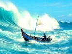 Ilustrasi Perahu Nelayan Sedang Terombang Ambing Akibat Gelombang Tinggi
