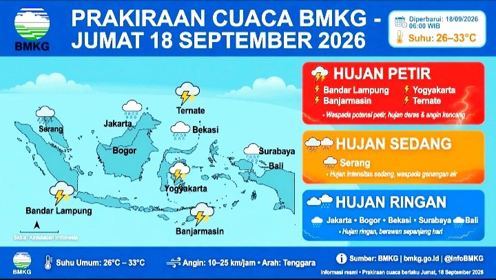 Screenshot_20260918-094459_WhatsApp BMKG Prakirakan Hujan Guyur Sejumlah Daerah Pada Jumat 18 September 2026. Waspada Hujan Petir di Bandar Lampung, Yogya, Banjarmasin.