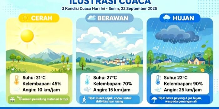 Prakiraan Cuaca BMKG Selasa 22 September 2026: Mayoritas Kota Besar Berawan Hingga Hujan Ringan-lebat. Waspada Hujan Petir di Sumatera Barat, Jambi, Palembang dan Jabodetabek Sore.