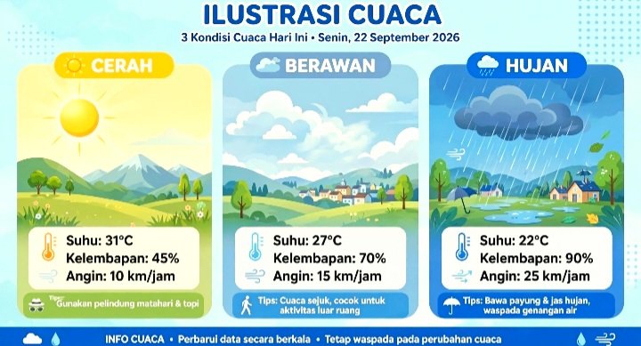 Prakiraan Cuaca BMKG Selasa 22 September 2026: Mayoritas Kota Besar Berawan Hingga Hujan Ringan-lebat. Waspada Hujan Petir di Sumatera Barat, Jambi, Palembang dan Jabodetabek Sore.