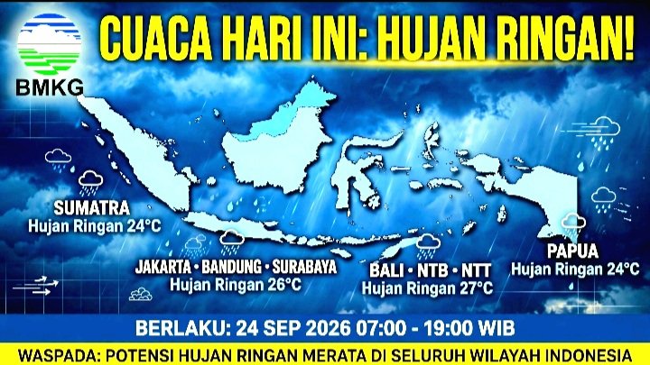 Screenshot_20260924-100304_WhatsApp Prakiraan cuaca BMKG Hari Ini 24 Sept 2026: Hujan Ringan Dominasi Sumatera, Kalimantan, Jawa. Batam 12 kecamatan Hujan, Bali Berawan 17-31°C. Waspada Hujan Lebat di 12 Wilayah.