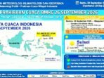 Prakiraan cuaca BMKG hari ini Sabtu 26 September 2026, Sulsel Cerah 33 Derajat, Status Siaga Nihil, Namun 12 Wilayah Waspada Hujan Sedang Hingga Angin Kencang.