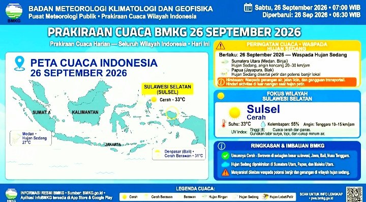 Prakiraan cuaca BMKG hari ini Sabtu 26 September 2026, Sulsel Cerah 33 Derajat, Status Siaga Nihil, Namun 12 Wilayah Waspada Hujan Sedang Hingga Angin Kencang.