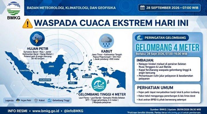 BMKG Prediksi Cuaca Ekstrem 28 Sept 2026. Jambi, Pontianak Hujan Petir, Gelombang 4 Meter di Samudra Hindia Barat. Cek Daftar Kota Rawan Banjir Rob