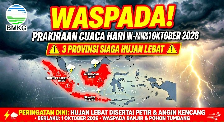 Screenshot_20261001-092517_WhatsApp BMKG Rilis Prakiraan Cuaca Hari Ini Kamis 1 Oktober 2026. 3 Provinsi Siaga Hujan Lebat Disertai Petir.