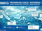 BMKG Prakirakan Hujan Ringan di Sebagian Besar Wilayah Indonesia Hari Ini Jumat 2 Oktober 2026. Jakarta, Medan, Pekanbaru Waspada Petir dan Gelombang 4 Meter.