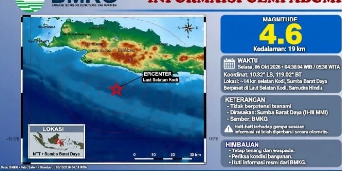 Screenshot_20261006-075218_WhatsApp BMKG: Gempa M4,6 Guncang Sumba Barat Daya NTT Selasa 6 Okt 2026 Pukul 04:38 WIB, Pusat di Laut 14 Km Selatan Kodi Kedalaman 19 Km, Tidak Berpotensi Tsunami.