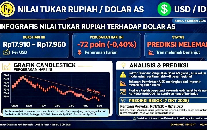 Screenshot_20261006-085133_WhatsApp Rupiah Ditutup Rp17.917 Per Dolar AS Senin 5 Okt, Hari Ini Selasa 6 Okt 2026 Diprediksi Fluktuatif Melemah Rp17.910-Rp17.960 Dipicu Tensi Geopolitik Timur Tengah.