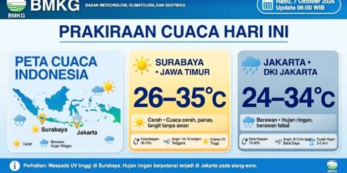 Info Cuaca BMKG Hari Ini Rabu 7 Oktober 2026: Surabaya Cerah 26-35°C UV Ekstrem, Jakarta Hujan Ringan-Berawan, 9 Wilayah Waspada Hujan Lebat.