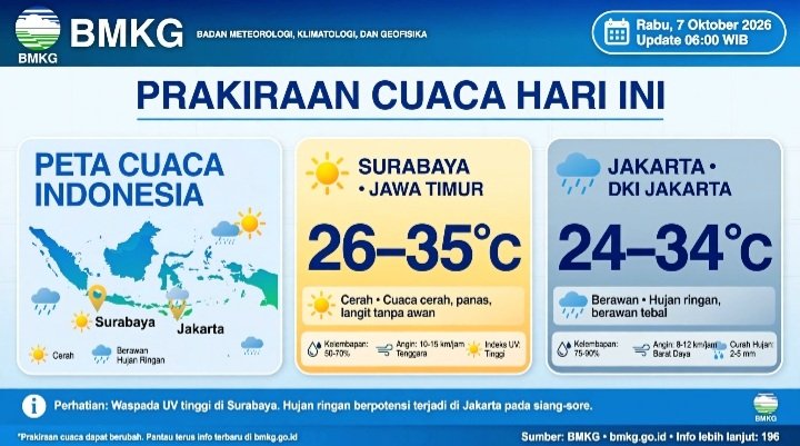 Screenshot_20261007-085806_WhatsApp Info Cuaca BMKG Hari Ini Rabu 7 Oktober 2026: Surabaya Cerah 26-35°C UV Ekstrem, Jakarta Hujan Ringan-Berawan, 9 Wilayah Waspada Hujan Lebat.