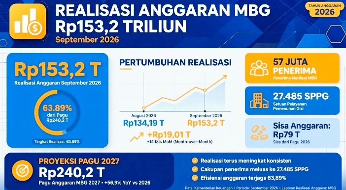Kemenkeu Catat Realisasi Anggaran MBG Capai Rp153,2 Triliun Hingga September 2026 Atau 63,89 Persen Dari Pagu, Dinikmati 57 Juta Penerima dari 27.485 SPPG.