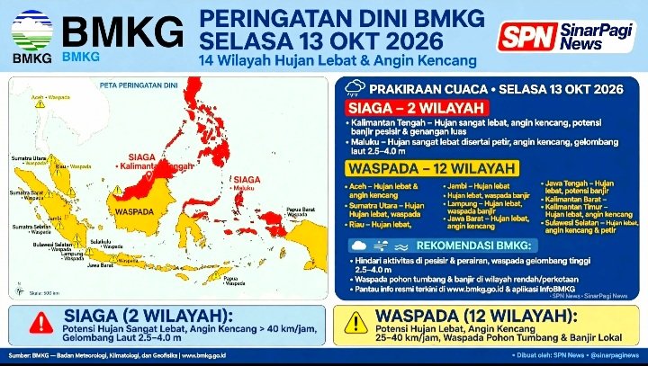 Screenshot_20261013-083311_WhatsApp Prakiraan cuaca BMKG Hari Ini Selasa 13 Oktober 2026. Jakarta 32°C Hujan Ringan, Pekanbaru Berkabut Asap, Wamena 16°C Terdingin.