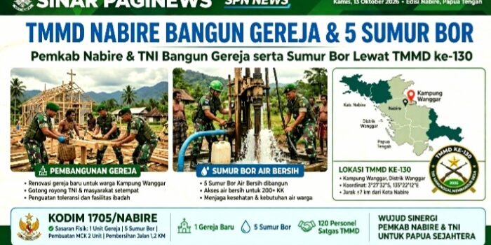 Pemkab Nabire dan Kodim 1705/Nabire Sinergi Bangun Gereja, 5 Sumur Bor dan 3 RTLH Lewat TMMD Ke-130 di Kampung Wanggar. Libatkan 150 Personel Gabungan TNI-Polri.