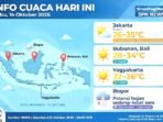 Screenshot_20261014-085011_WhatsApp Info Cuaca BMKG Hari Ini Rabu 14 Oktober 2026: Jakarta Cerah Berawan 26-35°C UV Ekstrem, Bali Cerah 28-34°C, Bogor Waspada Hujan Lebat Sore Disertai Petir.