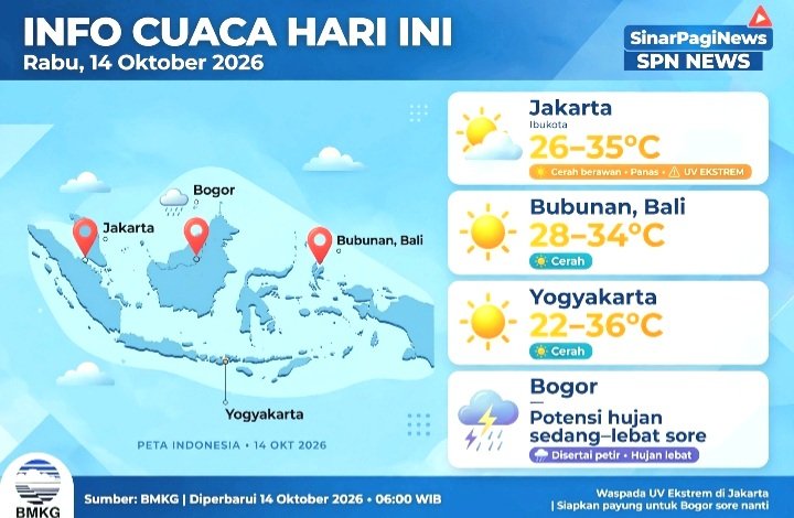 Info Cuaca BMKG Hari Ini Rabu 14 Oktober 2026: Jakarta Cerah Berawan 26-35°C UV Ekstrem, Bali Cerah 28-34°C, Bogor Waspada Hujan Lebat Sore Disertai Petir.