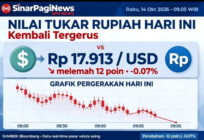 Screenshot_20261014-114959_WhatsApp Nilai Tukar Rupiah Hari Ini Rabu 14 Oktober 2026 Dibuka Melemah 12 Poin ke Rp 17.913 Per USD.
