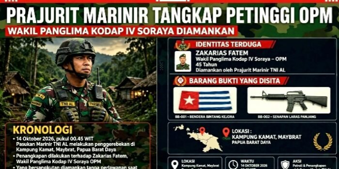 Prajurit Marinir TNI AL Tangkap Zakarias Fatem Wakil Panglima Kodap IV Soraya OPM di Kampung Kamat Maybrat Papua Barat Daya 14 Okt 2026. Dipimpin Letkol Marinir Laili Nugroho, Sita Bendera Bintang Kejora.