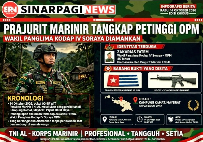 Prajurit Marinir TNI AL Tangkap Zakarias Fatem Wakil Panglima Kodap IV Soraya OPM di Kampung Kamat Maybrat Papua Barat Daya 14 Okt 2026. Dipimpin Letkol Marinir Laili Nugroho, Sita Bendera Bintang Kejora.