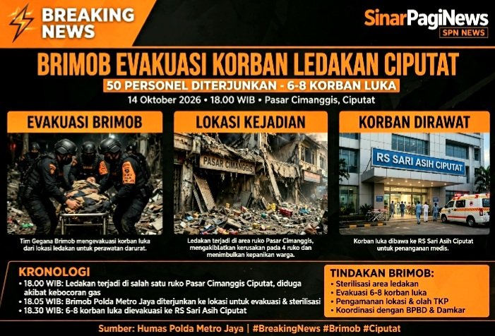 Screenshot_20261015-072639_WhatsApp Brimob Polda Metro Jaya Evakuasi Korban Ledakan Pasar Cimanggis Ciputat Tangsel 14 Okt 2026 18.00 WIB. 50 Personel, 6-8 Korban Luka di RS Sari Asih, Dugaan Tabung Gas Elpiji.
