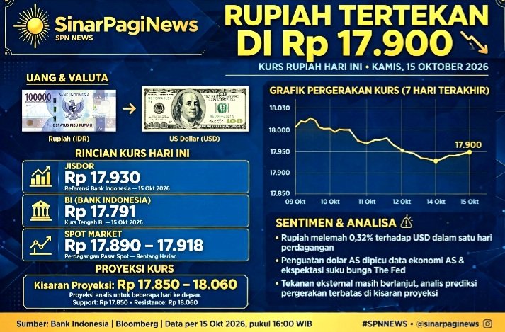 Screenshot_20261015-075454_WhatsApp Kurs Rupiah Hari Ini Kamis 15 Oktober 2026 Tertekan di Rp 17.900 Per Dolar AS. JISDOR BI Rp 17.930, Spot Rp 17.890-17.918. Proyeksi Rp 17.850-18.060.