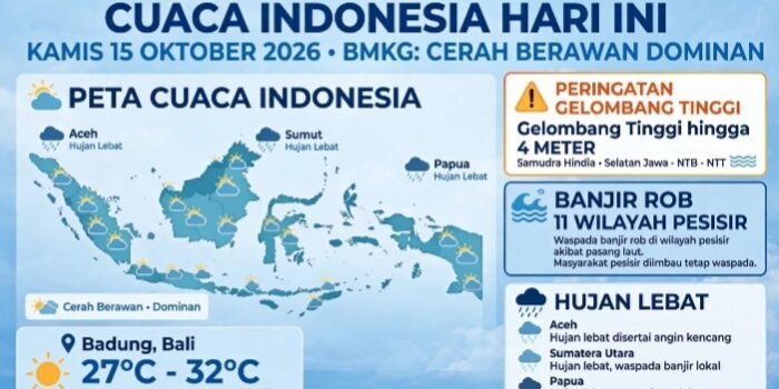 Screenshot_20261015-090442_WhatsApp Cuaca Indonesia Hari Ini Kamis 15 Oktober 2026 BMKG: Cerah Berawan Dominan. Waspada Gelombang Tinggi 4M di Samudra Hindia, Banjir Rob 11 Wilayah Pesisir, Hujan Lebat Aceh Sumut Papua. Badung Bali 27-32°C.