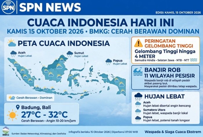 Screenshot_20261015-090442_WhatsApp Cuaca Indonesia Hari Ini Kamis 15 Oktober 2026 BMKG: Cerah Berawan Dominan. Waspada Gelombang Tinggi 4M di Samudra Hindia, Banjir Rob 11 Wilayah Pesisir, Hujan Lebat Aceh Sumut Papua. Badung Bali 27-32°C.