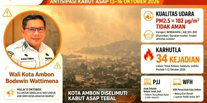 Wali Kota Ambon Bodewin Wattimena Terapkan PJJ dan WFH 13-16 Okt 2026 Karena Kabut Asap Karhutla. PM2.5 Tidak Aman, 34 Kejadian Karhutla, ISPA Naik. Instruksi No 500.4/01.