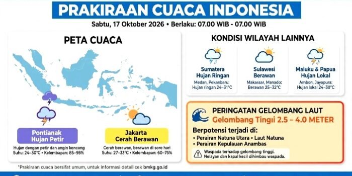 BMKG prakiraan cuaca hari ini 17 Oktober 2026: Hujan petir di Pontianak, hujan ringan di Medan hingga Jayapura, Jakarta cerah berawan, gelombang tinggi 2,5-4 meter di selatan Jawa.