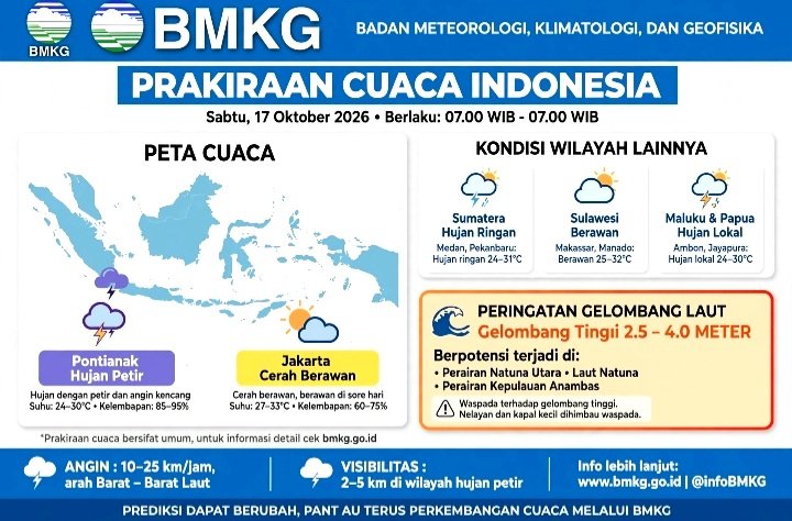 BMKG prakiraan cuaca hari ini 17 Oktober 2026: Hujan petir di Pontianak, hujan ringan di Medan hingga Jayapura, Jakarta cerah berawan, gelombang tinggi 2,5-4 meter di selatan Jawa.