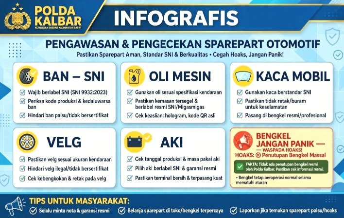 Polda Kalbar lakukan pengecekan sparepart di bengkel Pontianak, temukan indikasi tak sesuai standar SNI. Bambang Suharyono bantah isu penutupan massal bengkel dan minta bengkel tak panik.