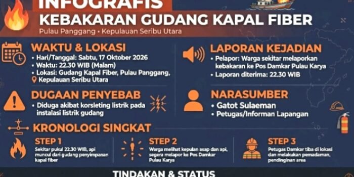 Kebakaran melanda gudang peralatan pembuatan kapal fiber di Jalan Pulau Panggang, Kepulauan Seribu Utara, Sabtu 17 Oktober malam. Diduga korsleting listrik, warga lapor ke Pos Damkar Pulau Karya 22.30 WIB.