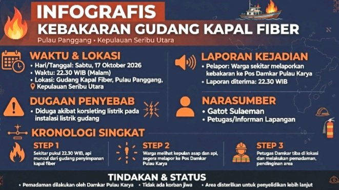 Screenshot_20261018-115602_WhatsApp Kebakaran melanda gudang peralatan pembuatan kapal fiber di Jalan Pulau Panggang, Kepulauan Seribu Utara, Sabtu 17 Oktober malam. Diduga korsleting listrik, warga lapor ke Pos Damkar Pulau Karya 22.30 WIB.