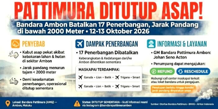 Bandara Internasional Pattimura Ambon batalkan 17 Penerbangan Domestik Pada 12-13 Oktober 2026 Akibat Kabut Asap Karhutla, Jarak Pandang di Bawah 2.000 Meter.