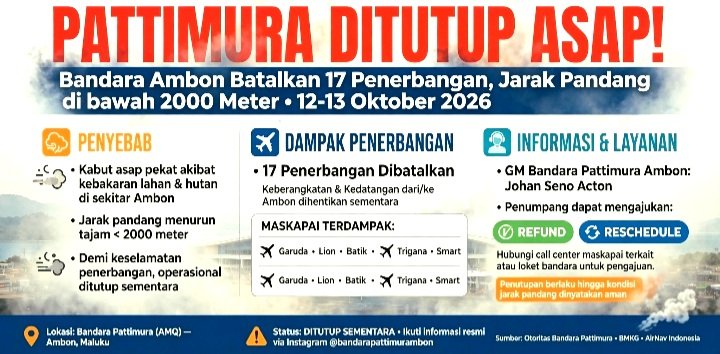 Screenshot_20261018-205206_WhatsApp Bandara Internasional Pattimura Ambon batalkan 17 Penerbangan Domestik Pada 12-13 Oktober 2026 Akibat Kabut Asap Karhutla, Jarak Pandang di Bawah 2.000 Meter.