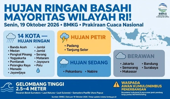 Screenshot_20261019-113152_WhatsApp BMKG: Hujan Ringan Basahi Mayoritas Wilayah RI Senin 19 Oktober 2026, 14 Kota Hujan Ringan, Hujan Petir di Padang & Tanjung Selor, Gelombang 2,5-4M.