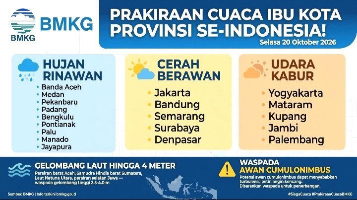 Screenshot_20261020-090156_WhatsApp Prakiraan Cuaca Ibu Kota Provinsi Se-Indonesia Selasa 20 Oktober 2026: Hujan Ringan di Banda Aceh, Medan, Padang, Cerah Berawan di Jakarta dan Denpasar, Gelombang 4M.