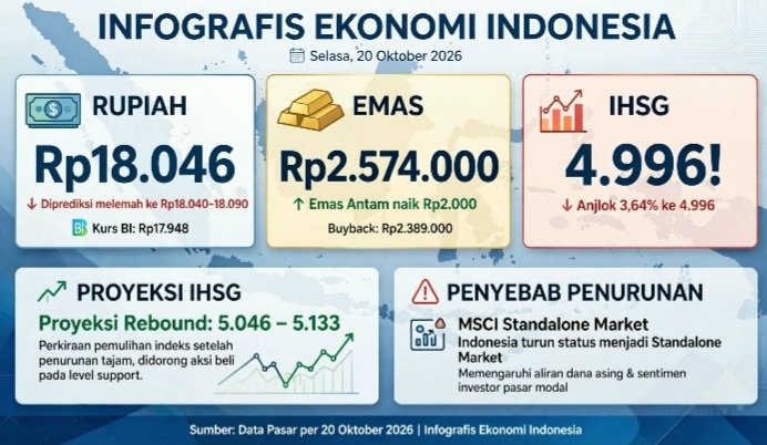 Nilai Tukar Rupiah Terhadap Dolar AS Hari Ini 20 Oktober 2026 Diprediksi Melemah Ke Rp18.090. Emas Antam Rp2.574.000, IHSG Anjlok 3,64 Persen Ke 4.996 Karena MSCI.