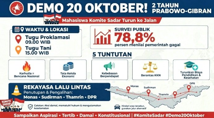 Screenshot_20261020-102350_WhatsApp Demo 20 Oktober 2026: Mahasiswa Komite Sadar Gelar Aksi 2 Tahun Prabowo-Gibran di Tugu Proklamasi 09.00 dan Tugu Tani 15.00 WIB, Bawakan 5 Tuntutan, Rekayasa Lalu Lintas Monas.