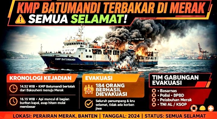 Screenshot_20261020-215029_WhatsApp KMP Batumandi Terbakar di Perairan Pulau Merak Besar Sore ini. Tim Gabungan Evakuasi Penumpang Pakai Tali dan Kapal Kecil. ASDP Pastikan Semua Penumpang dan Awak Selamat. (Foto Ilustrasi).
