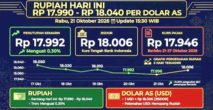 Nilai Tukar Rupiah Terhadap Dolar AS Hari Ini Rabu 21 Oktober 2026 Diprediksi Rp 17.990-Rp 18.040. JISDOR Rp 18.006, Pasar Tunggu RDG BI.