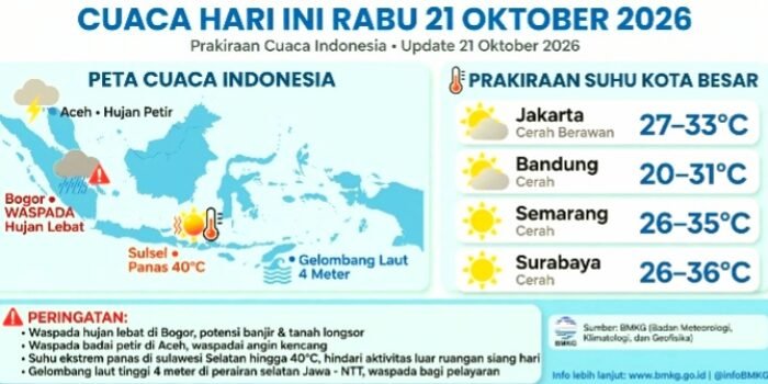 Prakiraan Cuaca Indonesia Hari Ini Rabu 21 Oktober 2026 Dari BMKG: Jakarta Cerah Berawan 27-33°C, Hujan Petir di Aceh, Waspada Hujan Lebat Bogor, Gelombang 4 Meter.