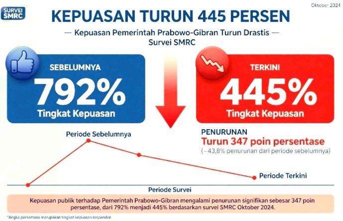 Kepuasan Pemerintah Prabowo-Gibran turun dari 79,2 Persen jadi 54,4 Persen, SMRC Catat 44,5 Persen Oktober 2026 Pertama Kali di Bawah 50 Persen. Penyebab Harga Kebutuhan Pokok.