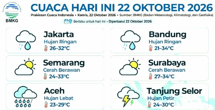 Screenshot_20261022-103543_WhatsApp Prakiraan Cuaca Indonesia Hari Ini Kamis 22 Oktober 2026 dari BMKG: Jakarta Hujan Ringan Malam 26-32°C, Bandung Hujan Ringan 21-34°C, Aceh Hujan Lebat, Gelombang 4 Meter.