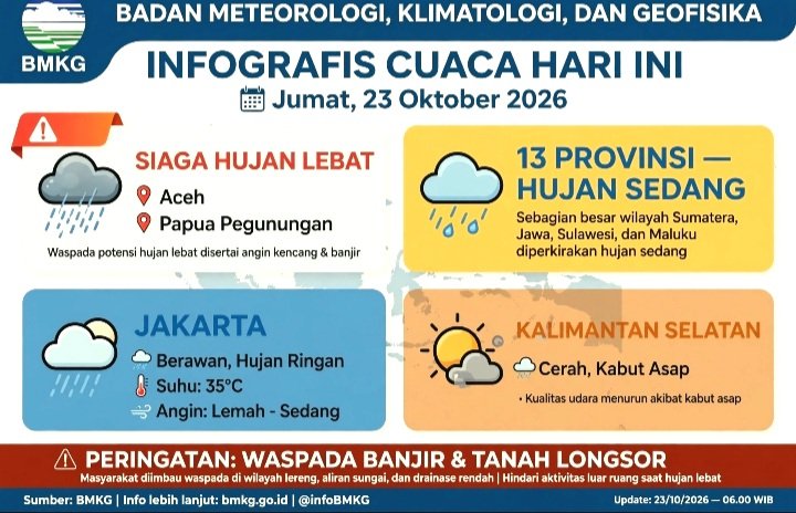 Cuaca Hari Ini Jumat 23 Oktober 2026, BMKG: Aceh dan Papua Pegunungan Siaga Hujan Lebat