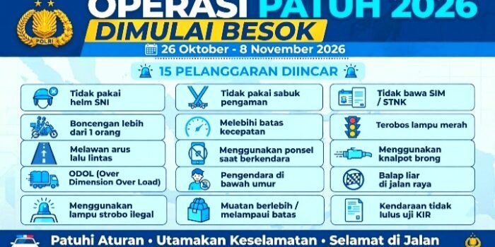 Operasi Patuh 2026 dimulai Senin 26 Oktober hingga 8 November 2026 serentak di Indonesia, ini 15 pelanggaran yang diincar polisi, tilang manual pekan kedua.
