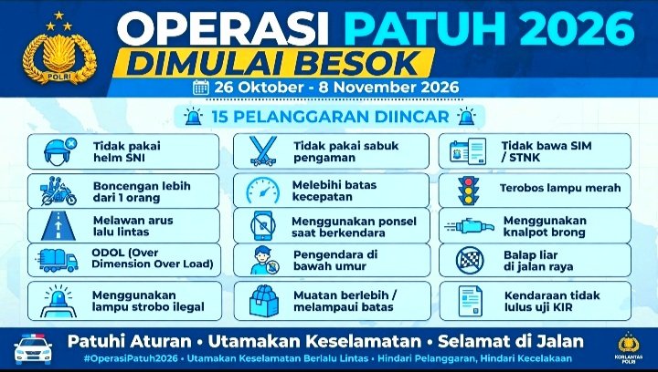 Operasi Patuh 2026 dimulai Senin 26 Oktober hingga 8 November 2026 serentak di Indonesia, ini 15 pelanggaran yang diincar polisi, tilang manual pekan kedua.