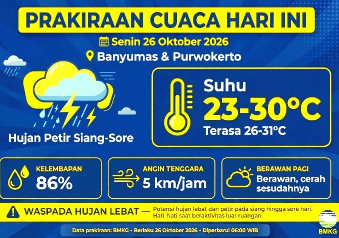 Screenshot_20261026-100905_WhatsApp Prakiraan Cuaca Hari ini Senin 26 Oktober 2026, Banyumas dan Purwokerto Berpotensi Hujan Siang-Sore. Suhu 23-30°C. Cek info BMKG di sini.