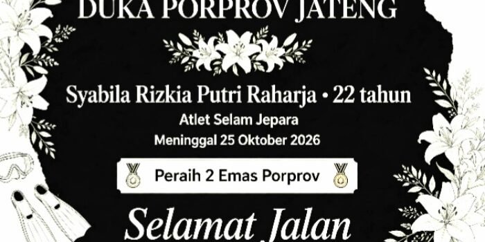 Atlet selam Jepara Syabila Rizkia meninggal saat Porprov Jateng 2026 di Semarang, diduga kelelahan. Duka cita.